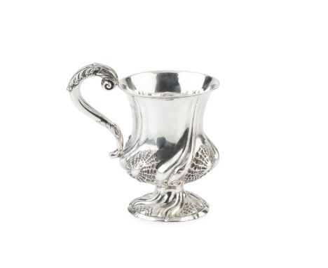 A William IV silver baluster mug, the spirally wrythen body possibly later embossed with a spider web design and having leaf 