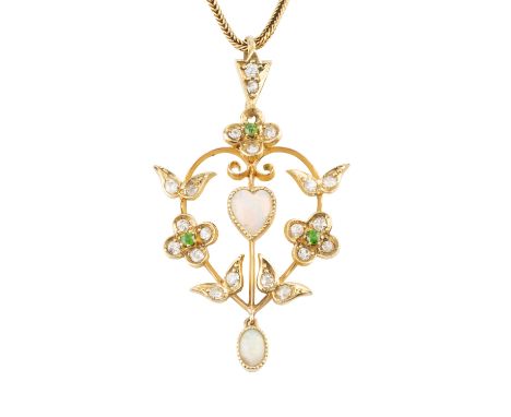 An early 20th century diamond and gem set pendant, the openwork panel centred with a heart-shaped cabochon opal, framed by fl