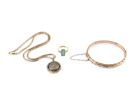 An 18ct gold cameo ring, the green rectangular panel relief carved with a classical female figure, together with a 9ct gold h