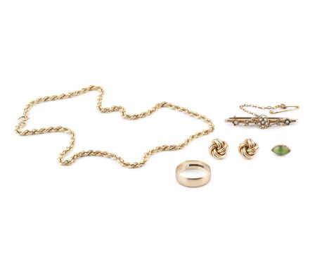 A 9ct gold wedding band, a ropetwist necklace, the clasp stamped 9K, a seed pearl set bar brooch, and a pair of 9ct gold knot