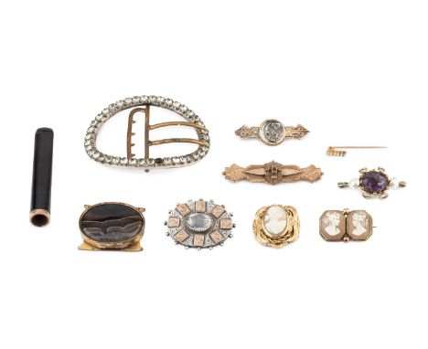 A collection of antique and later jewellery, comprising an oval white paste buckle, an oval banded agate clasp, a 9ct gold pa