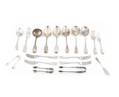 A collection of mainly 19th century silver old English and fiddle pattern flatware, to include 3 tablespoons, 2 table forks, 