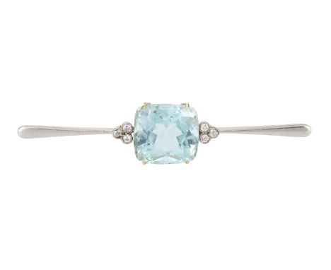 An aquamarine and diamond bar brooch, the cushion-shaped mixed-cut aquamarine in claw setting, between trios of millegrain se