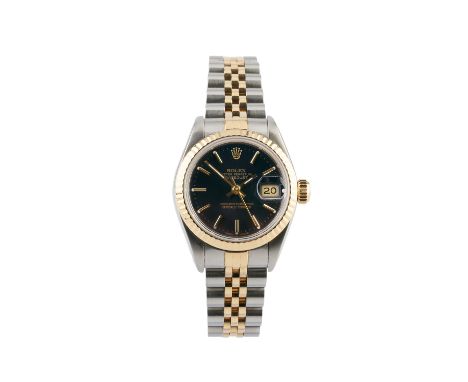 A lady's 'Oyster Perpetual Datejust' bi-colour bracelet watch by Rolex, the circular blue dial with gilt baton markers, lumin