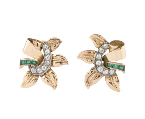 A pair of emerald and diamond earrings, each foliate panel centred with ribbons of graduated old-cut diamonds and step-cut em