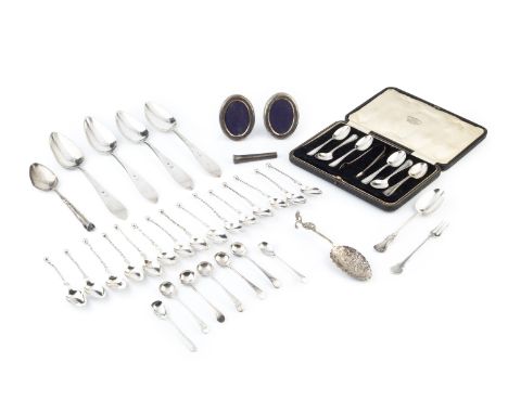 A set of six George V silver bright-cut teaspoons, with matching sugar tongs, by Cooper Bros &amp; Sons Ltd, Sheffield 1926, 