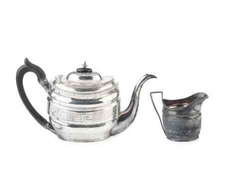 A George III silver teapot, the shaped oval body engraved with a Greek key frieze, and having ebonised handle and knop, by So