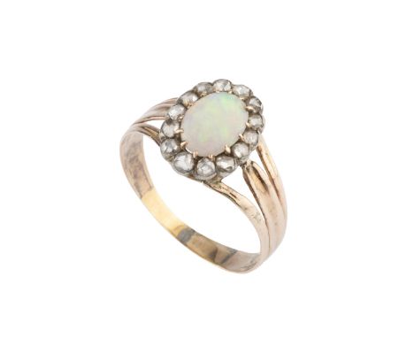 A 19th century opal and diamond cluster ring, the oval cabochon opal claw set within a border of rose and lasque-cut diamonds