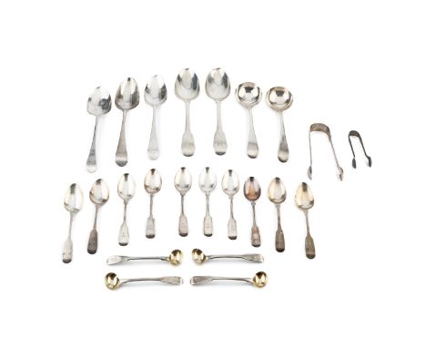 A collection of assorted silver flatware, mainly 19th century, comprising five table spoons, two sauce ladles, two pairs of s