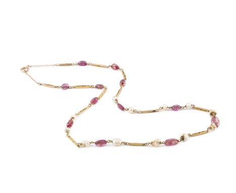 A gem set necklace, designed as a line of tumbled ruby beads and baroque pearls, spaced by baton links, stamped '9CT', (pearl