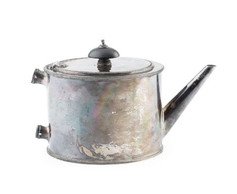 A George III silver teapot, of oval form with beaded borders, angular spout and ebonised knop, by Charles Aldridge &amp; Henr