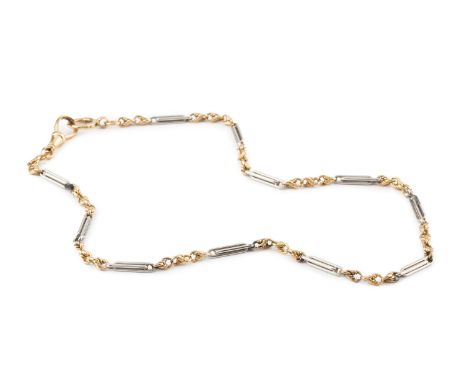A two colour precious metal chain, designed as a line of alternate ropetwist and fancy baton links, with clasps stamped '18CT