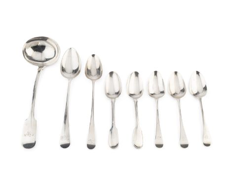A George IV silver fiddle pattern soup ladle, by William Bateman I, London 1821, two George III silver old English pattern ba