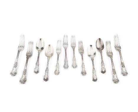 A part service of early Victorian silver King's pattern flatware, comprising 8 table forks, 9 dessert forks, and 6 dessert sp