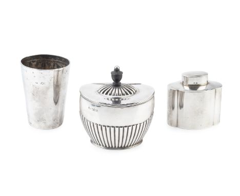 A late Victorian silver tea caddy, of oval half-lobed form, the hinged cover with turned ebonised finial by Atkin Bros, Sheff