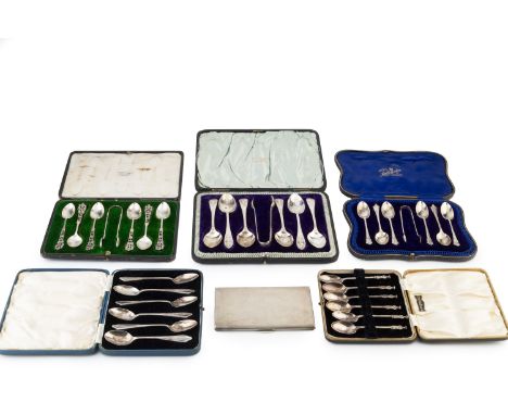 A silver cigarette case, of rectangular engine turned form, by Padgett &amp; Braham Ltd, London 1956, 14cm wide, a set of six