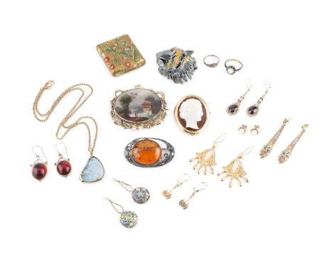 A collection of jewellery, comprising a 19th century painted landscape panel brooch, with scrolled mount, an opal doublet pen