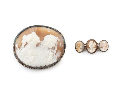A Victorian shell cameo brooch, the oval cameo carved to depict Eos, the Greek goddess of dawn and Nyx, the Greek goddess of 