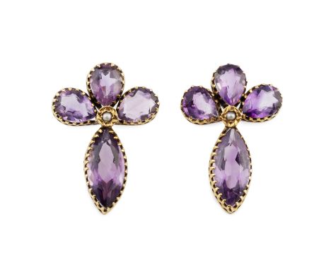 A pair of amethyst and half pearl earrings, each designed as a cluster of four navette and pear-shaped amethysts in pinched c