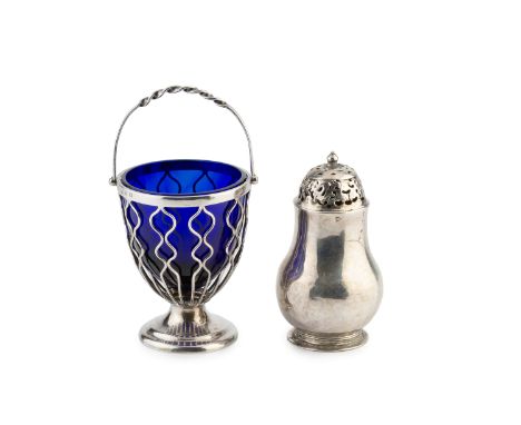 A late Victorian silver swing handled sugar basket, the wirework body with blue glass liner, by Haseler Bros, Birmingham 1898
