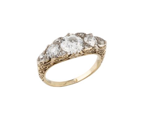 A diamond half hoop ring, inset with five graduated old brilliant and old-cut diamonds, spaced by single-cut diamond points, 