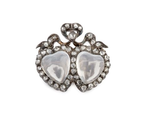 A late Victorian moonstone and diamond double heart brooch, modelled as two entwined heart-shaped clusters, each centred with