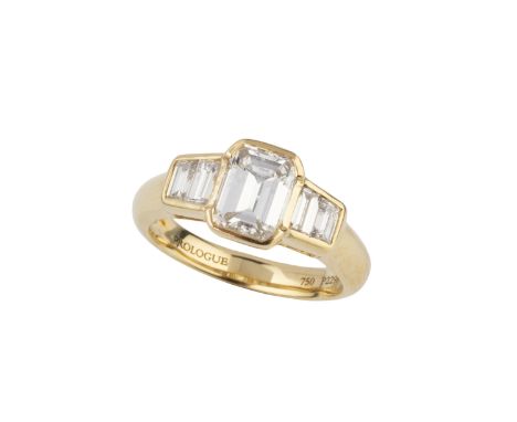 A diamond five stone ring, the principal emerald-cut diamond flanked to each side by a pair of smaller rectangular-cut diamon