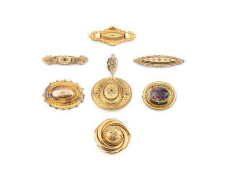 A collection of Victorian and later panel brooches, comprising a diamond and blue stone navette-shaped panel brooch, stamped 
