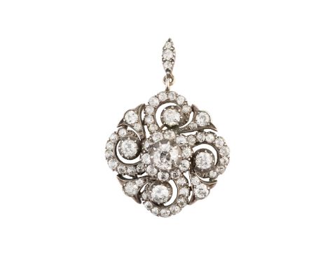 A 19th century diamond cluster pendant/brooch, the openwork circular panel centred with an old-cut diamond set cluster, enclo