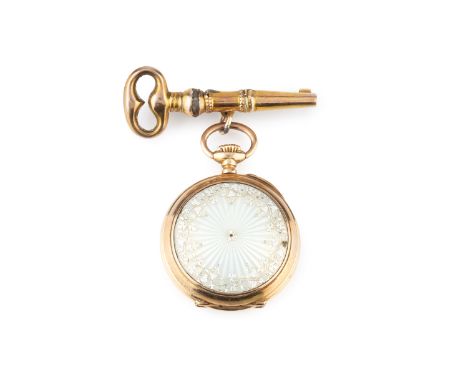 An enamel open face fob watch, the circular guilloché enamel dial with black Arabic numerals and scrolled hands, to a similar