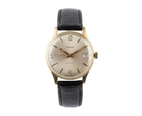 A gold cased automatic wristwatch by Garrard, the circular silvered dial with Arabic quarters, baton markers and date display