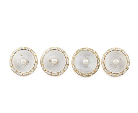A set of four mother of pearl and enamel buttons, each circular mother of pearl panel centred with a bouton pearl and edged w