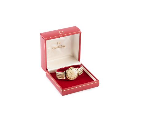 A 9ct gold cased automatic wristwatch by Omega, the circular dial with black insert baton markers and centre seconds hand, to