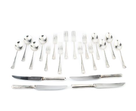 A service of silver Grecian pattern flatware, comprising 6 table forks, 6 dessert forks, 6 soup spoons, and 6 dessert spoons,