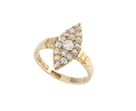 A late Victorian diamond panel ring, the navette-shaped panel pavé set with graduated old-cut diamonds, between reeded should