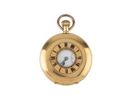 An 18ct gold half hunter pocket watch, the white enamel dial with Roman numerals and subsidiary seconds dial, to a keyless wi
