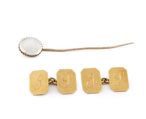 A pair of 18ct gold cufflinks, with octagonal panels and chain-link fittings, hallmarked for Birmingham 1959, initialled, and