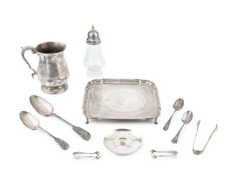 A silver square section salver, with re-entrant corners, on pad feet, maker F.W, London 1925, 20.5cm wide, a silver baluster 