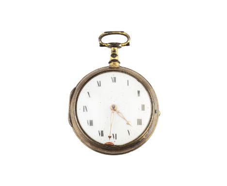 A Georgian silver-gilt pair case pocket watch, the white enamel dial with Roman numerals, to a key wind verge movement, signe
