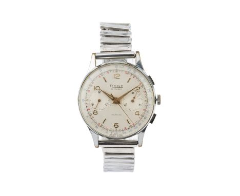 A chronograph wristwatch by Rone, the circular silvered dial with alternate gilt Arabic numerals and baton markers, subsidiar