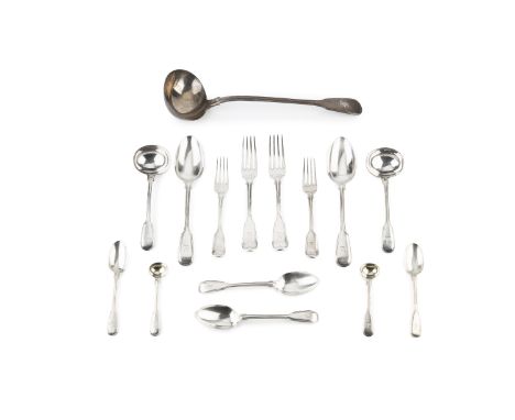 A service of early Victorian silver fiddle and thread pattern flatware, comprising 12 table forks, 12 table spoons, 12 desser