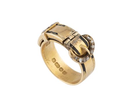 A Victorian diamond and enamel memorial ring, modelled as a belt buckle, with interior inscription, 18ct gold mounted, hallma