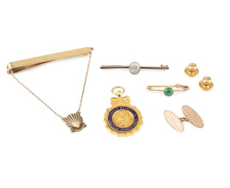 A 9ct gold tie bar, suspending a shell-shaped pendant, together with a 9ct gold and enamel medal, inscribed, a 9ct gold cuffl