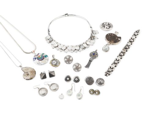 A Mexican collar necklace, of hinged torc form, suspending a fringe of disc-shaped pendants, signed William Spratling of Taxc