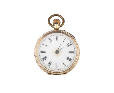 An open face fob watch, the white enamel dial with Roman numerals and gitl decoration, to a keyless wind movement and profuse