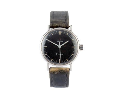 A stainless steel wristwatch by Omega, the black circular 'crosshair' dial with luminous baton markers, luminous insert white