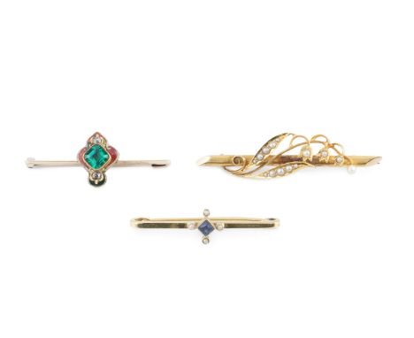 Three gem set brooches, comprising an emerald, diamond and enamel bar brooch, the square step-cut emerald in foiled closed ba