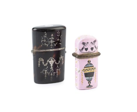 A George III tortoiseshell scent étui, of tapered oval form, with silver piqué inlaid decoration and fitted a faceted glass s