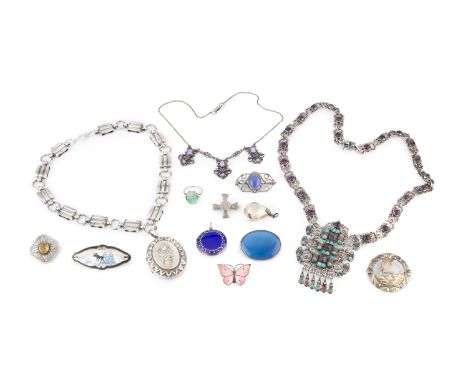 A collection of jewellery, comprising a jade panel ring, the pierced and carved decorated oval panel in claw setting, stamped
