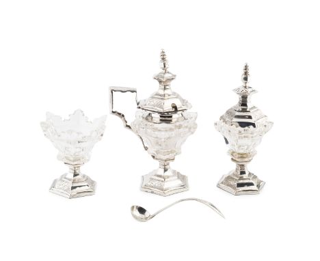 A 19th century Dutch silver mounted glass condiment set, of pagoda form, comprising side handled mustard with hinged cover, p